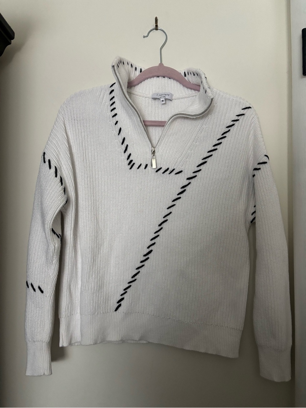 J. Society Cream Half-Zip Cowl Sweater with Black Stitching Accent